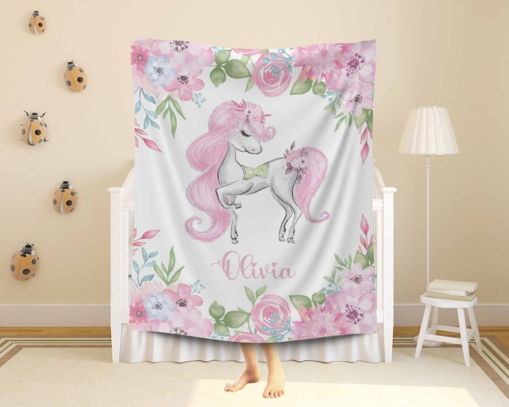 FUNSTUFFPRINT Custom  Baby Unicorn Blanket Personalized Christmas Nursery Blanket Little Unicorn Kids Custom Name Blanket Spring Floral Baby Shower Gift For Girls