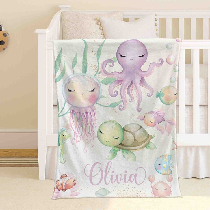 FUNSTUFFPRINT Custom  Sea Animals Nursery Blanket Personalized Baby Blanket Ocean Animal Blanket Kids Custom Name Blanket Under The Sea Baby Shower Gift For Girls