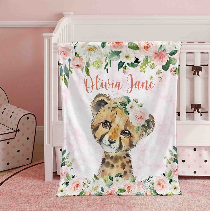 FUNSTUFFPRINT Custom  Pink Floral Leopard Nursery Blanket, Personalized Baby Cheetah Blanket, Rose Flowers Girl Blanket, Kids Custom Name Blanket Baby Shower Gift