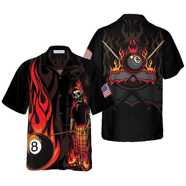 Flame Skull Billiard Pool Hawaiian Shirt, Skull Fire Billiard Shirt, 3D All Over Print Billiard Gift