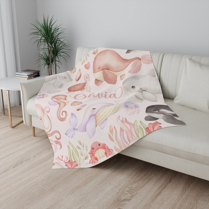 FUNSTUFFPRINT Custom  Sea Animals Nursery Blanket Baby Blanket Ocean Animal Blanket Kids Custom Name Blanket Under The Sea Baby Shower Gift For Girls