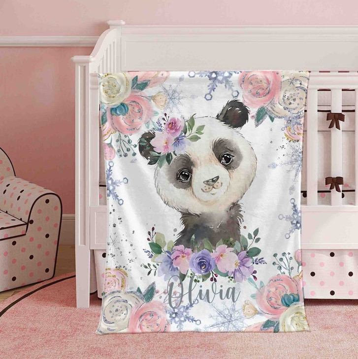 FUNSTUFFPRINT Custom  Winter Floral Panda Nursery Blanket, Personalized Baby Panda Animal Blanket, Christmas Baby Blanket Kids Custom Name Jungle Baby Shower Gift