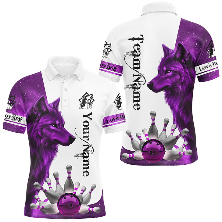FUNSTUFFPRINT Purple Galaxy Wolf Bowling Polo, Quarter Zip Shirts For Men Custom Bowling Team   Polo Shirt Size S-5XL