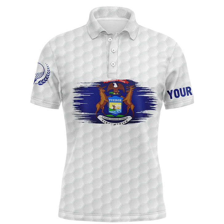 FUNSTUFFPRINT    Michigan Flag White Golf Ball Pattern Mens Polo Shirt Custom Patriotic Golf Polo Shirt Size S-5XL