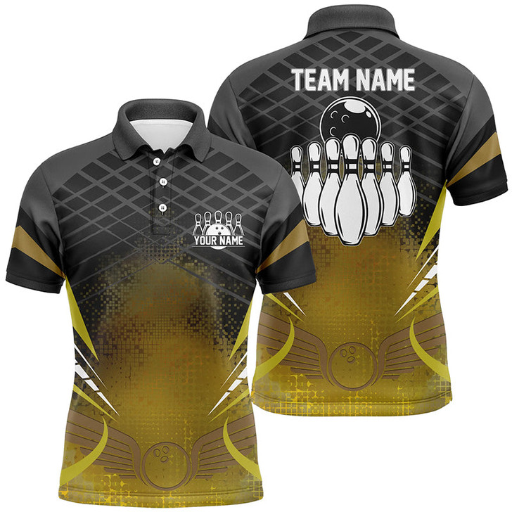 FUNSTUFFPRINT  Mens polo bowling shirt Custom black gold bowling ball pins team league jersey, bowling gift    Polo Shirt Size S-5XL