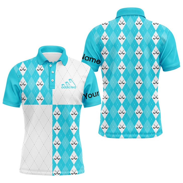 FUNSTUFFPRINT Golf addicted Mens golf polo shirts custom Cyan blue and white golf ball clubs argyle plaid pattern    Polo Shirt Size S-5XL