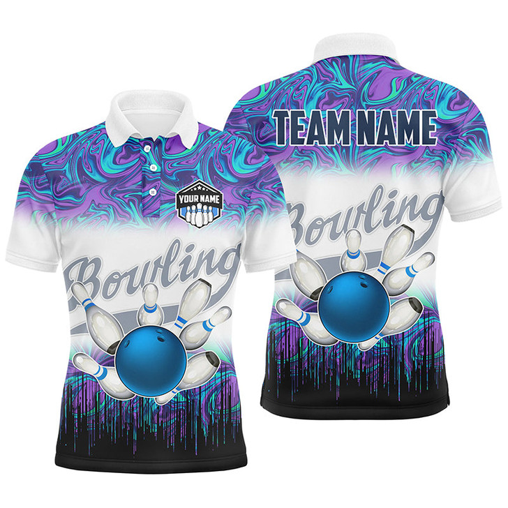 FUNSTUFFPRINT   Mens Bowling polo shirts Custom blue purple marble pattern bowling Team  Polo Shirt Size S-5XL