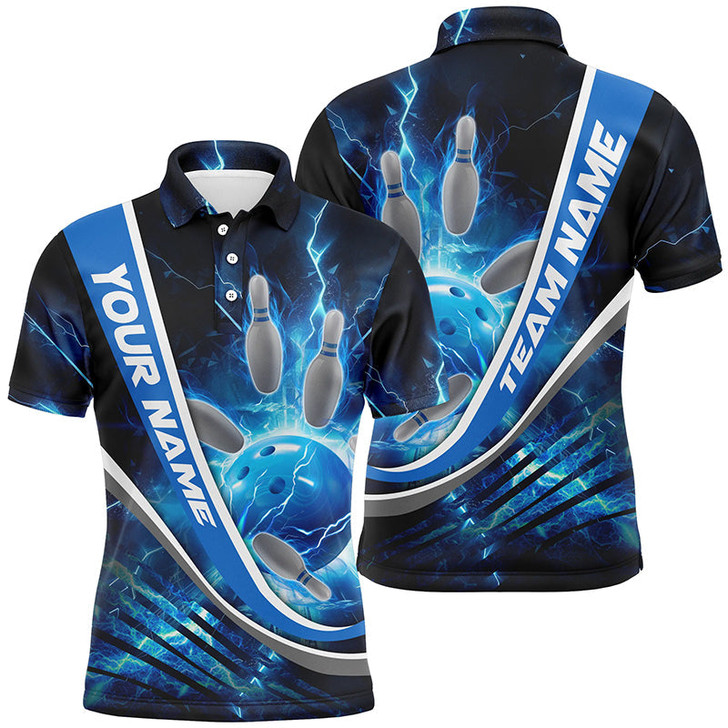 FUNSTUFFPRINT Custom Blue Thunder Lightning Bowling Polo Shirts For Men And Women Bowling   Polo Shirt Size S-5XL