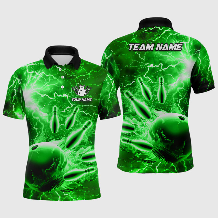 FUNSTUFFPRINT   Mens polo bowling shirts Custom green lightning thunder  Polo Shirt Size S-5XL