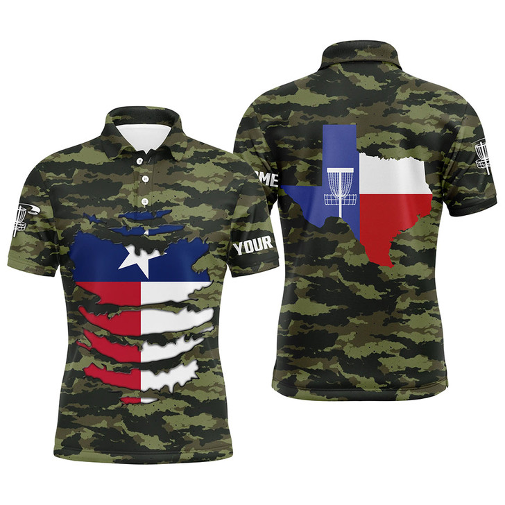 FUNSTUFFPRINT  Personalized Green Camo Texas Mens Disc Golf Polo Shirts Patriotic Golf  Polo Shirt Size S-5XL