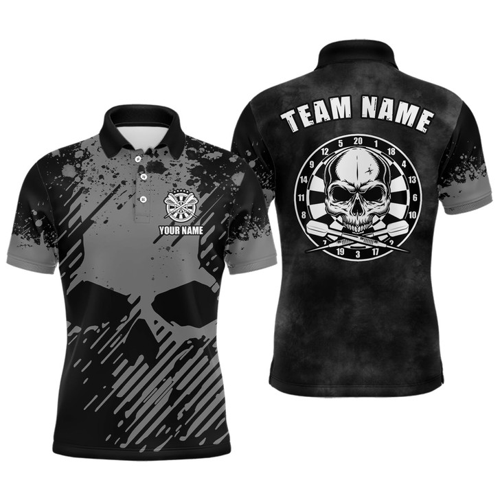 FUNSTUFFPRINT  Personalized Black Grey Grunge Men Darts Polo Shirt Skull Darts  Polo Shirt Size S-5XL