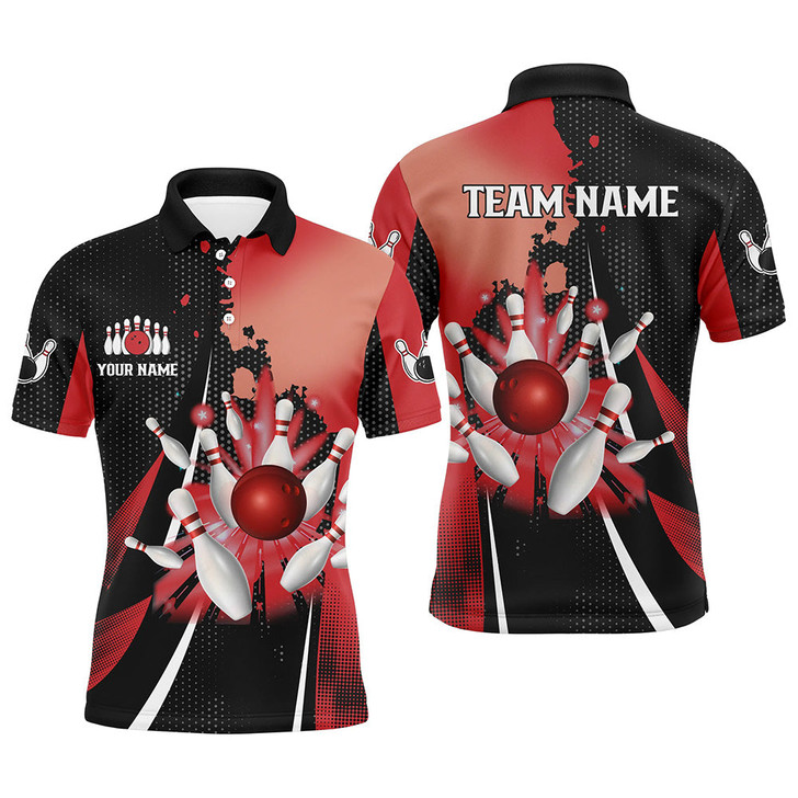 FUNSTUFFPRINT  Black and red retro Mens Bowling polo shirts Custom bowling ball and pins Team bowling  Polo Shirt Size S-5XL
