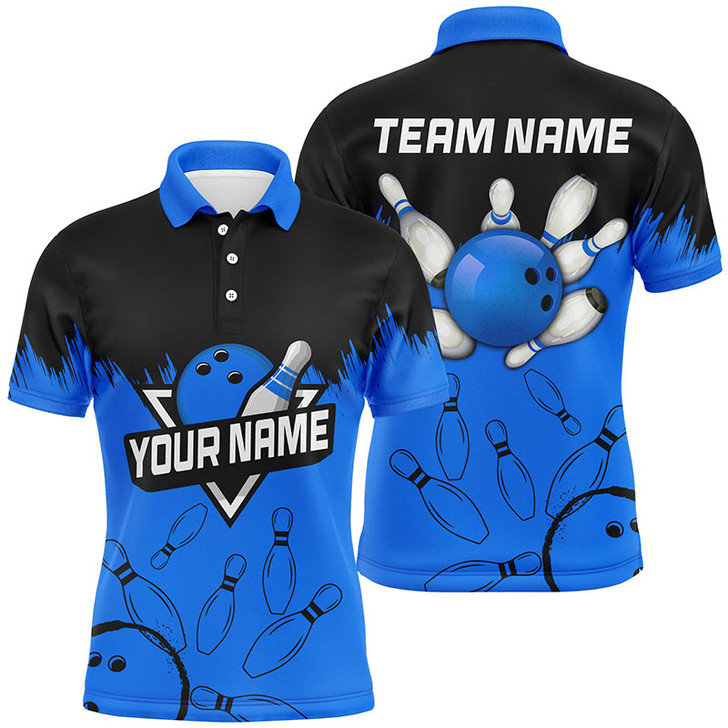 FUNSTUFFPRINT  Mens Bowling polo shirts Custom black and blue Bowling Team league   Polo Shirt Size S-5XL