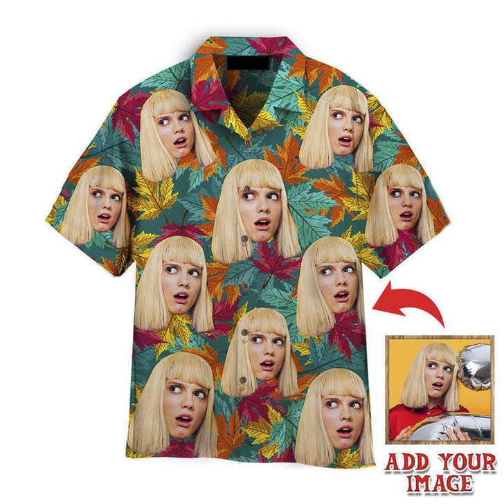 Custom Funny Custom Face On Colorful Autumn Maple Leaves Custom Hawaiian Shirt, Personalized Hawaiian Shirts, Custom Photo Hawaiian Shirt