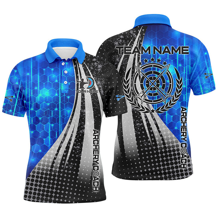 FUNSTUFFPRINT  Personalized Blue Black Archery Coach 3D Polo Shirts For Men, Custom Target Archery Team  Polo Shirt Size S-5XL
