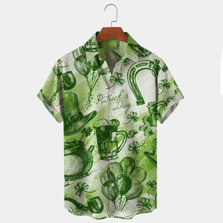 St. Patrick's Men's Hawaiian Shirts Clover Oversized Stretch Easy Care Aloha Shirts, St. Patrick's Day gifts