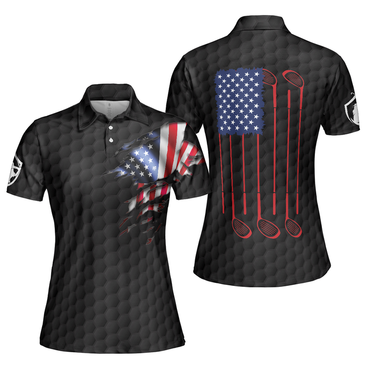 American Women Golfer Black Version Golf Short Sleeve Women Polo Shirt, American Flag Ladies Golf Shirt, Gift For Golfers