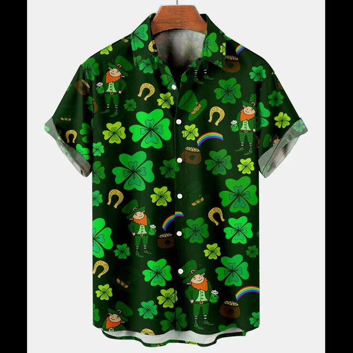 St. Patrick's Day Clover Rainbow Casual Men's Large Short Sleeve Shirt