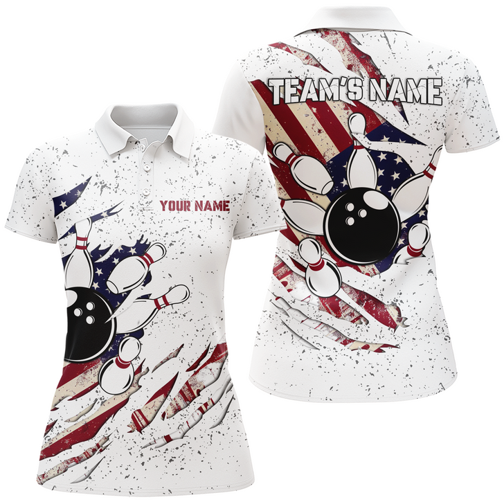 Custom American Flag Bowling Shirt for Women Custom Bowling Team Jersey Bowling Polo Shirt QZT122