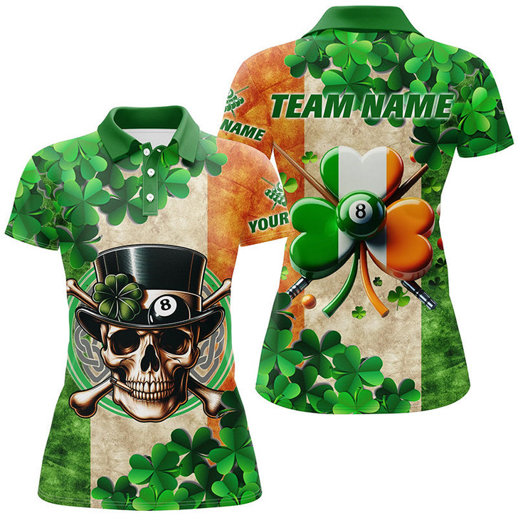 Custom Billiard St Patrick'S Day Funny Skull Custom Shamrock Women Polo Shirt, Patrick Lucky Billiard Shirts TDM0981