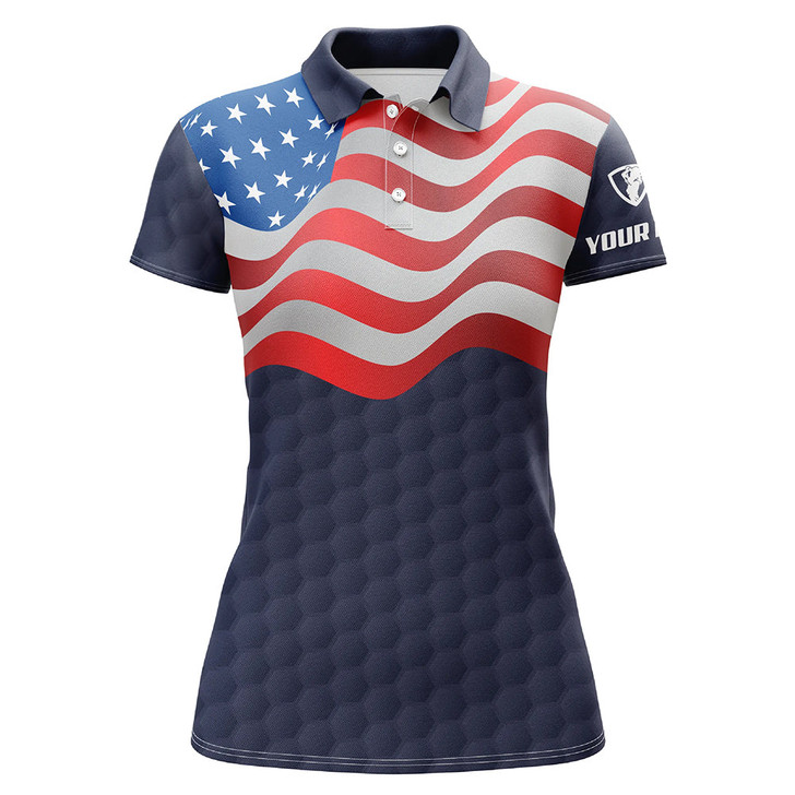 Custom Navy American Flag Womens Golf Polo Shirts Custom Patriotic Golf Shirts For Women Golf Gifts LDT1429