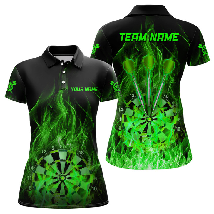 Custom Green Fire Flame Womens Darts Polo Shirt Custom Dart Shirts For Women Dart Jerseys LDT1326
