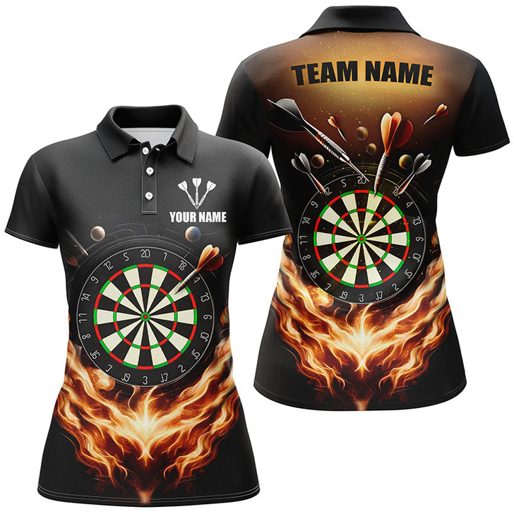 Custom Black Orange Fire Flame Womens Darts Polo Shirt Custom Darts Shirt For Women Dart Jerseys LDT1372