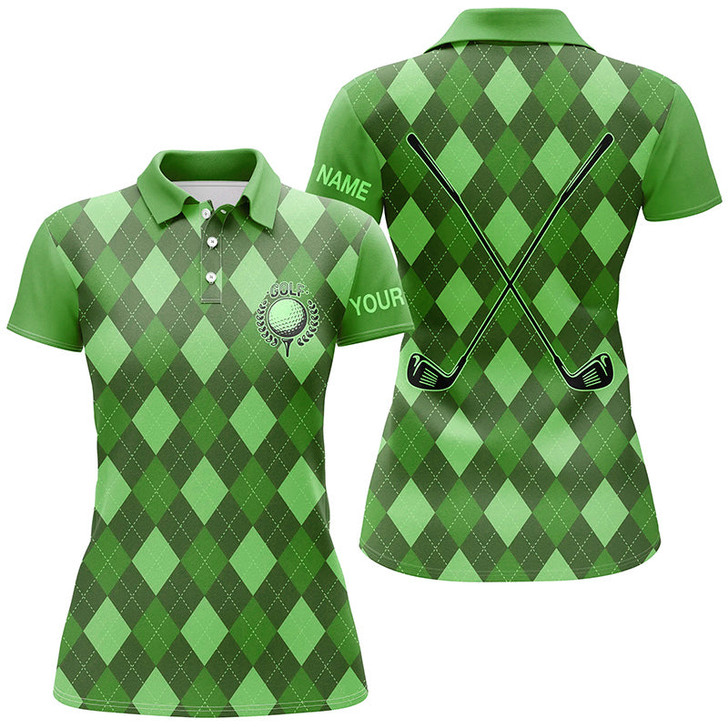 Custom Green Argyle Womens Golf Polo Shirts Custom Name Golf Outfit Women, Personalized Golf Gifts Nqs8133