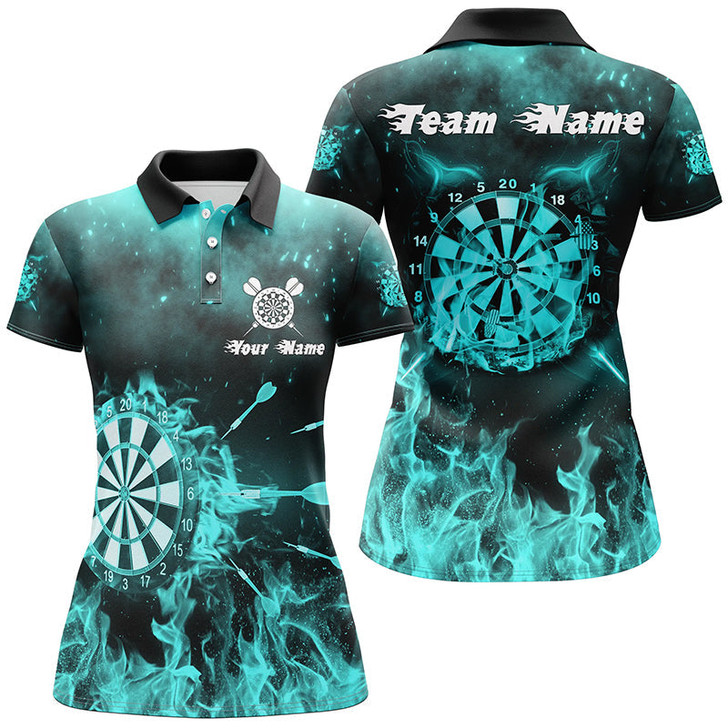 Custom Turquoise Fire Flame Womens Darts Polo Shirts Custom Darts Shirt For Women Dart Jerseys LDT1379