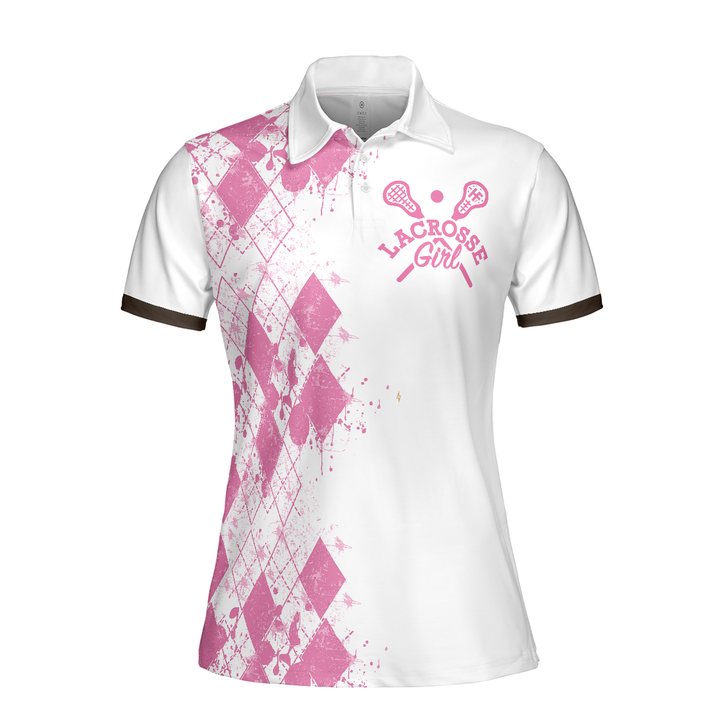 Lacrosse Women Polo Shirt, I Beat People With A Stick Lacrosse Short Sleeve Women Polo Shirt, White And Pink Lacrosse Shirt For Ladies