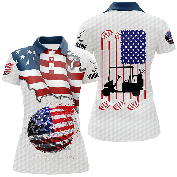 Custom American flag white Golf ball Women Golf Polo Shirt Custom Golf Shirts For Ladies, Patriotic Golf Gift NQS7738