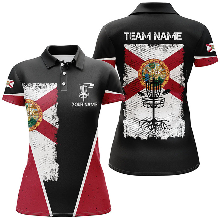 Custom Black Womens Disc Golf Polo Shirts Vintage Florida Flag Patriot Custom Frisbee Golf Shirt For Ladies Nqs7994
