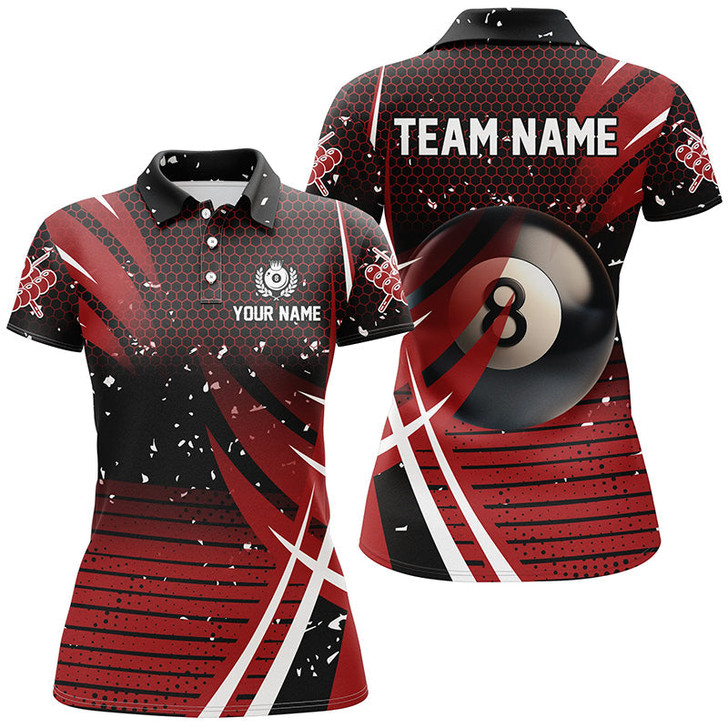 Custom Black Red Billiard 8 Ball Pool Women Polo Shirts Custom Billiard Shirts, Billiard Jerseys Apparel TDM1224