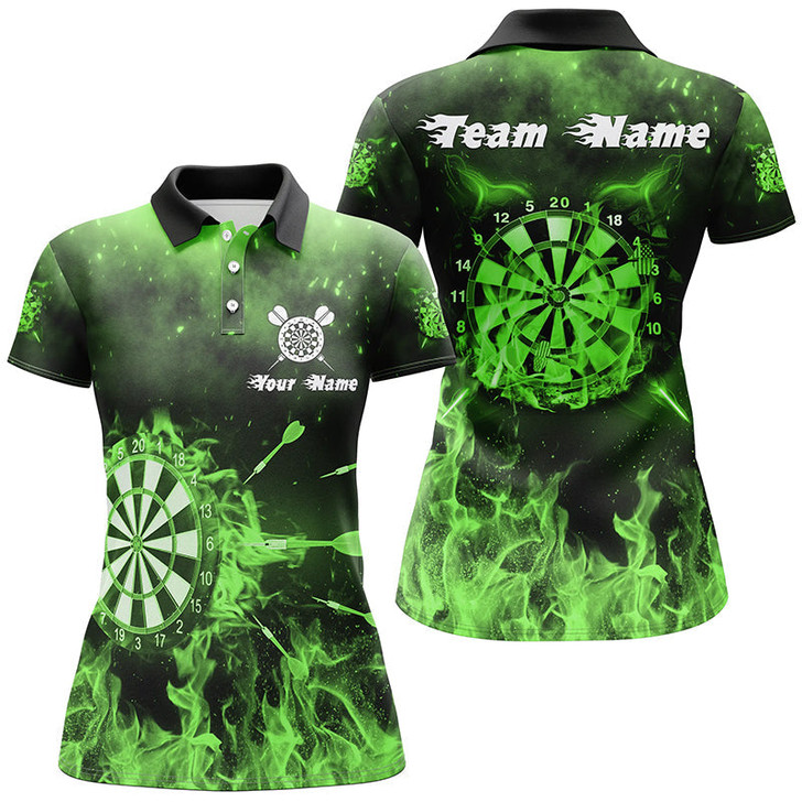 Custom Green Fire Flame Womens Darts Polo Shirts Custom Darts Shirt For Women Dart Jerseys LDT1378