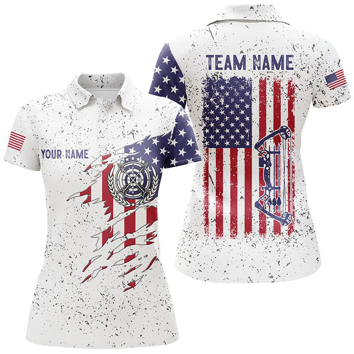 Custom Personalized White Grunge US Flag Target Archery 3D Polo Shirts For Women, Custom Bow Archery Shirts VHM0988