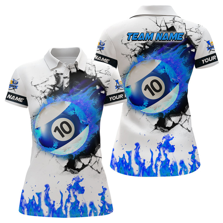Custom Personalized Blue Flaming 10 Ball Pool Billiard Polo Shirts For Women, 10 Ball Billiard Apparel TDM1034