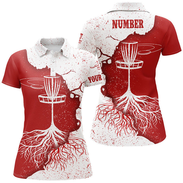 Custom Womens Disc Golf Polo Shirt Red White Grunge Custom Disc Golf Tops For Women Disc Golf Basket LDT1032