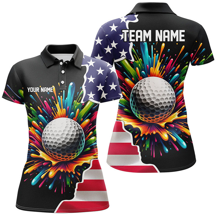 Custom American Flag Black Women Golf Polo Shirt Custom Colorful Paint Golf Shirts, Patriot Ladies Golf Tops Nqs7260