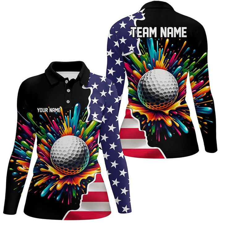 Custom American Flag Black Women Golf Polo Shirt Custom Colorful Paint Golf Shirts, Patriot Ladies Golf Tops Nqs7260