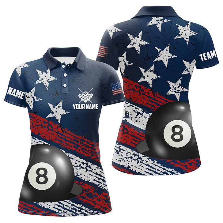 Custom  Grunge American Flag 8 Ball Pool Women Billiard Polo Shirts Custom Patriotic Billiard Attire Jerseys TDM1223