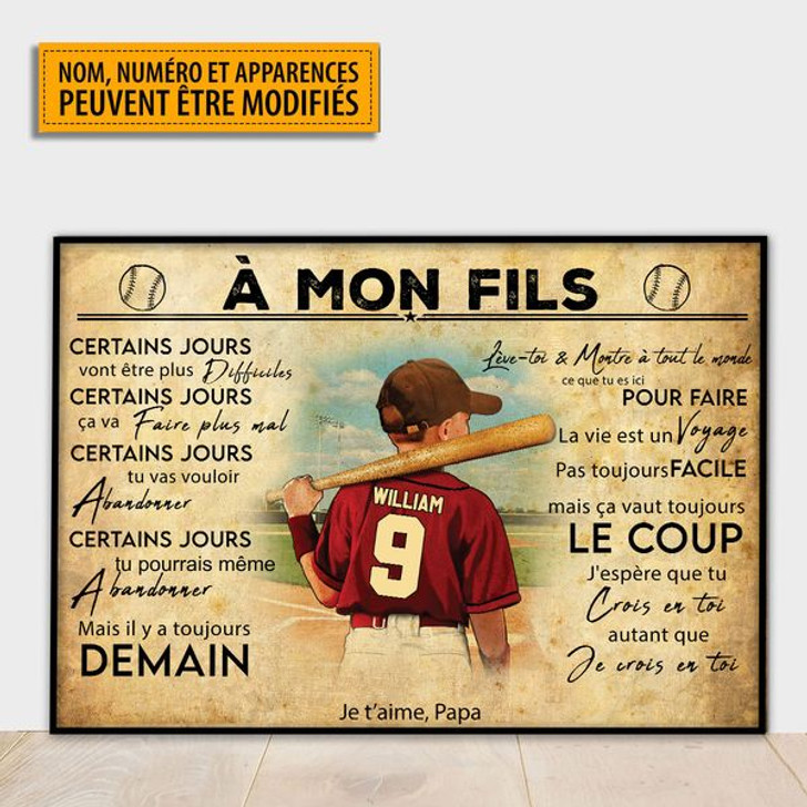 Custom À Mon Fils Certains Jours Vont Être Plus Difficiles French Baseball Boy Father’s Day Customized Personalized Name/Number Poster and Canvas