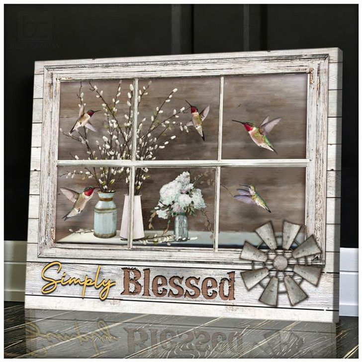 Simply Blessed Hummingbirds Flower Vase Through Window Poster and Canvas