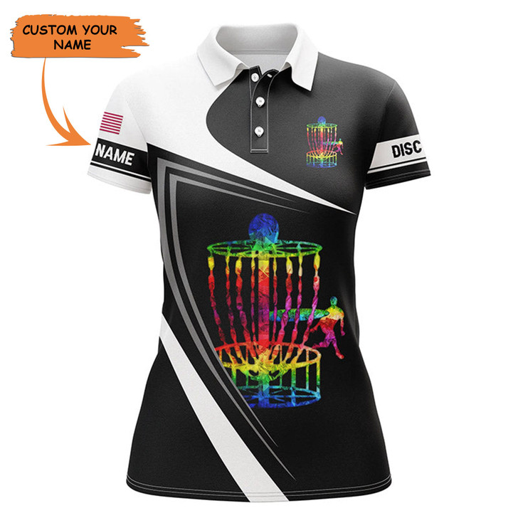 Custom Womens Disc Golf Polo Shirt Custom Name Watercolor Disc Golf Basket, Black And White Disc Golf Shirts, Perfect Gift For Women