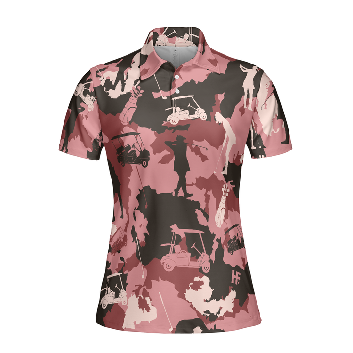 Golf Girl Camouflage Short Sleeve Women Polo Shirt, Pink Camo Golf Shirt For Ladies, Cool Golf Gift For Women, Best Gift For Women Golfers