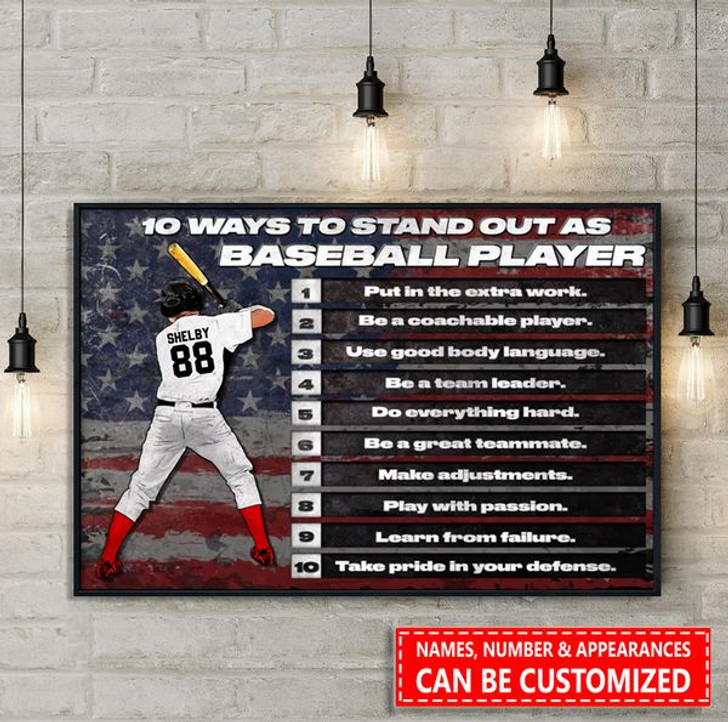 Custom 10 Ways To Stand Out As Baseball Player American Flag Customized Personalized Name/Number Poster and Canvas