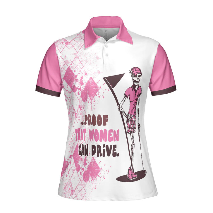 Ladies Mrs. Bones Golf Pink Argyle Pattern Short Sleeve Women Polo Shirt, Proof That Women Can Drive White And Pink Golf Shirt For Ladies