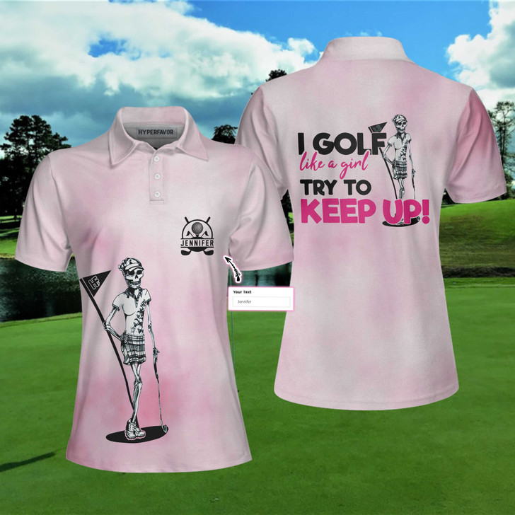 Custom I Golf Like A Skull Girl Custom Short Sleeve Women Polo Shirt, Personalized Tie Dye Pink Golf Shirt For Ladies, Best Gift For Women