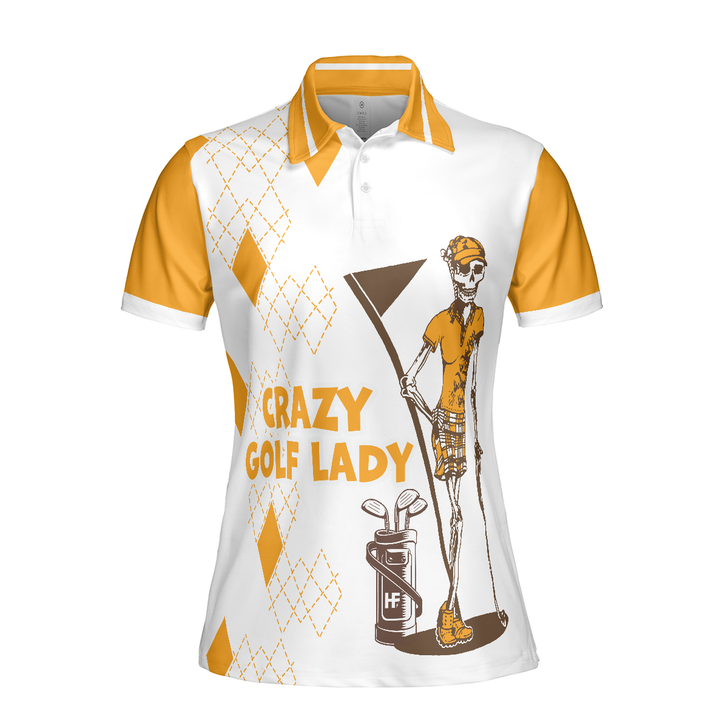 Crazy Golf Lady Short Sleeve Women Polo Shirt, White And Yellow Golf Shirt For Ladies, Funny Female Golf Gift, Best Gift Ideas For Golfers Women