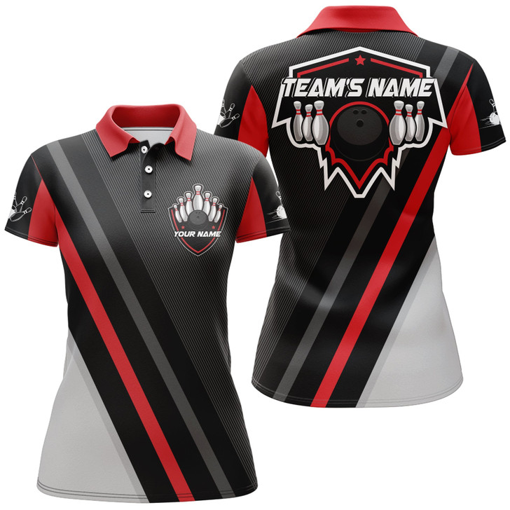 Custom Black&Red Bowling Polo Shirt For Women Vintage Bowling Team League Jersey Custom Bowling Shirt BDT181