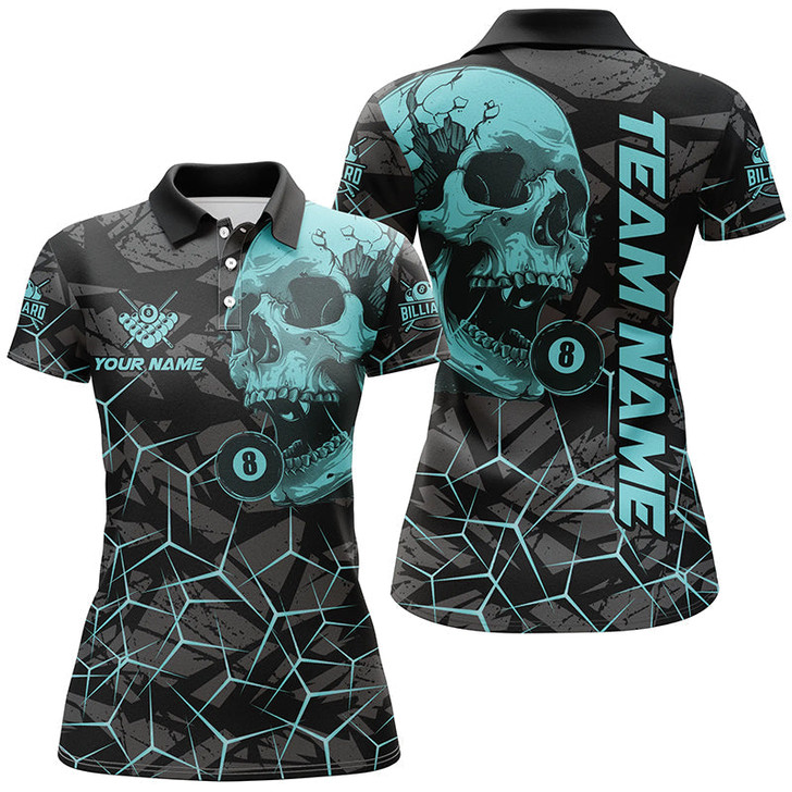 Custom Funny Skull Holding 8 Ball Billiard Custom Women Polo & Quarter-Zip Shirt, Billiard Pool Jersey Shirt TDM1715